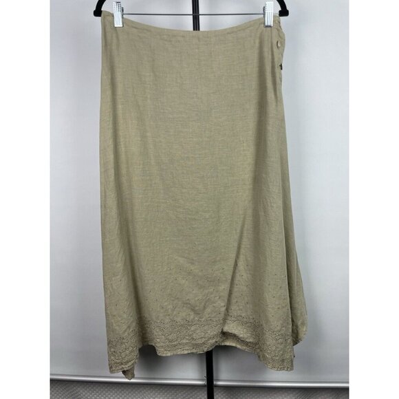 Lisa Z Tan 100% Linen Embroidered Handkerchief Hem Midi Lagenlook Skirt Size S - Picture 1 of 6